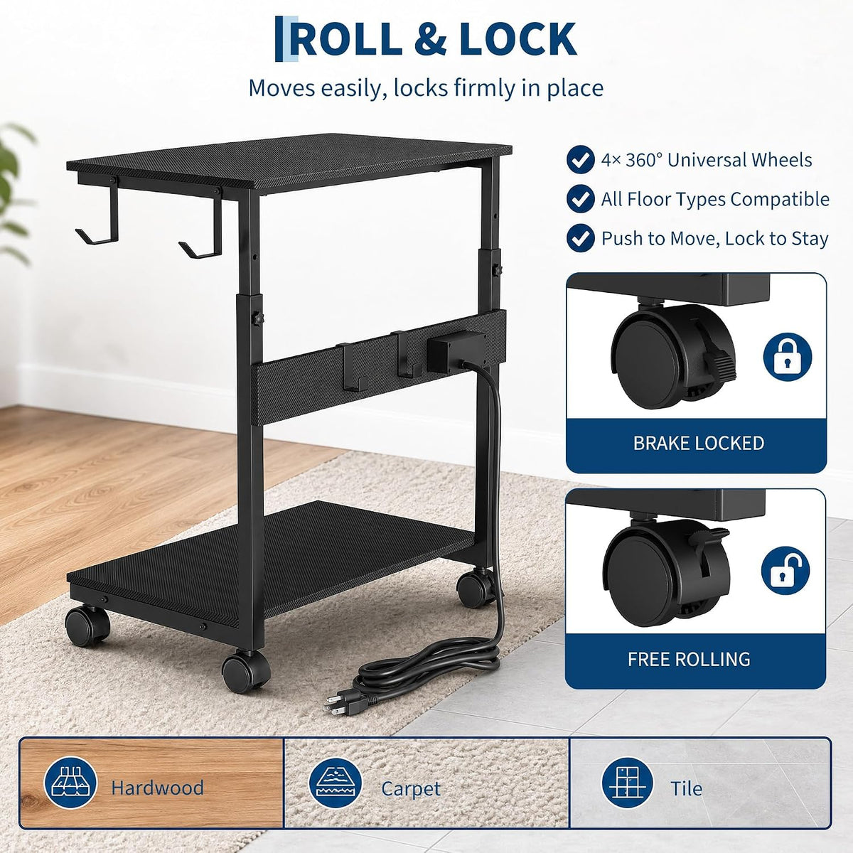 Garvee Adjustable Computer Tower Stand with Charging Station, 23"-33.5" PC Cart for Gaming Setups - Image 4
