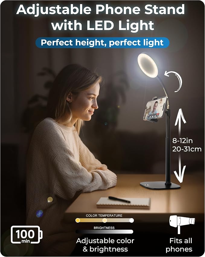 COOPER ChatStand Halo Sturdy Phone Stand for Recording with Light for Desk | 9-13" Adjustable, Weighted Base, iPhone Stand & Phone Holder, Ring Light Tripod for Video Recording, Filming, Fits all Phones - Image 3