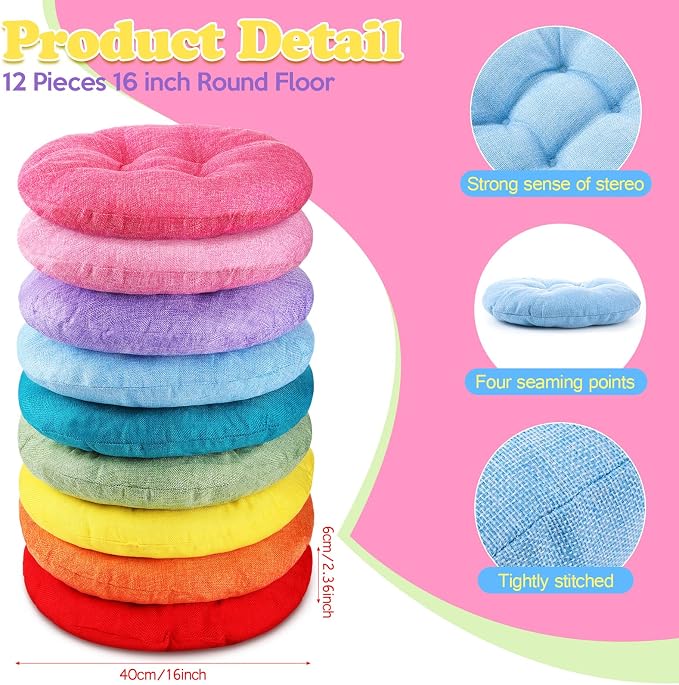 Fumete 12 Pcs 16 Inch Round Floor Cushions for Kids and Toddlers, Flexible Seating Classroom Furniture Floor Pillow for Home, Daycare, Preschool, Yoga and Meditation (Fresh) - Image 2