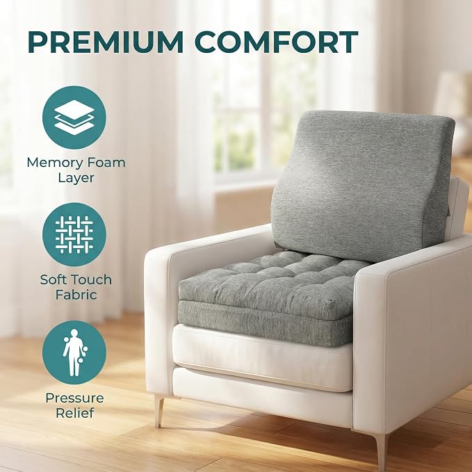 baibu Memory Foam Recliner Cushions with Lumbar Support Pillow Set for Elderly, 20x20x5 Inch Dual-Layer Design Non-Slip Recliner Seat Cushion & Back Support Pillow for Reduce Hip & Lumbar Pain, Grey - Image 3