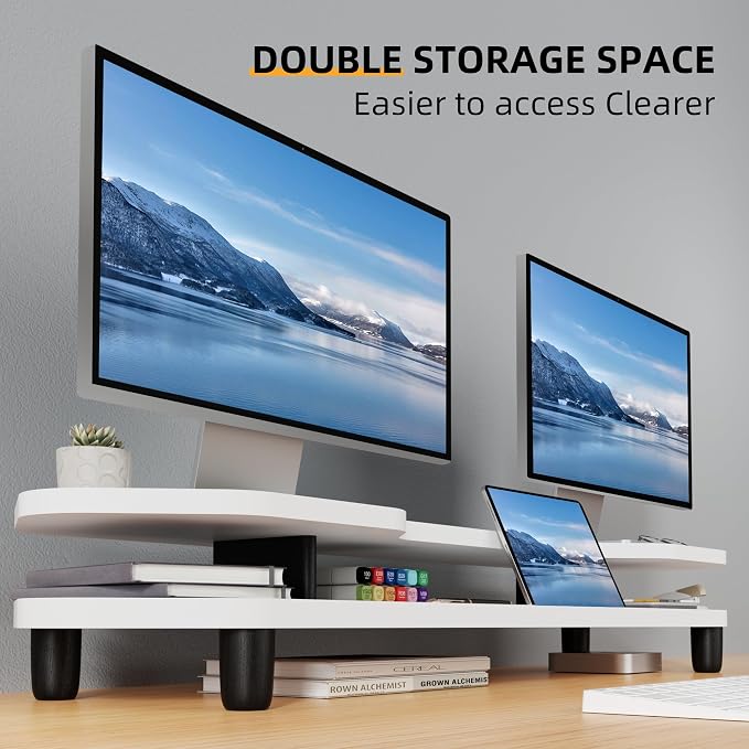 AFOOYO 2 Tier Dual Monitor Stand Riser,Wider Board Computer Monitor Stand for 2 Monitors,Slot For Phone/Tablet Office Desktop Organizer for Laptop,PC,Computer,Printer,White - Image 4