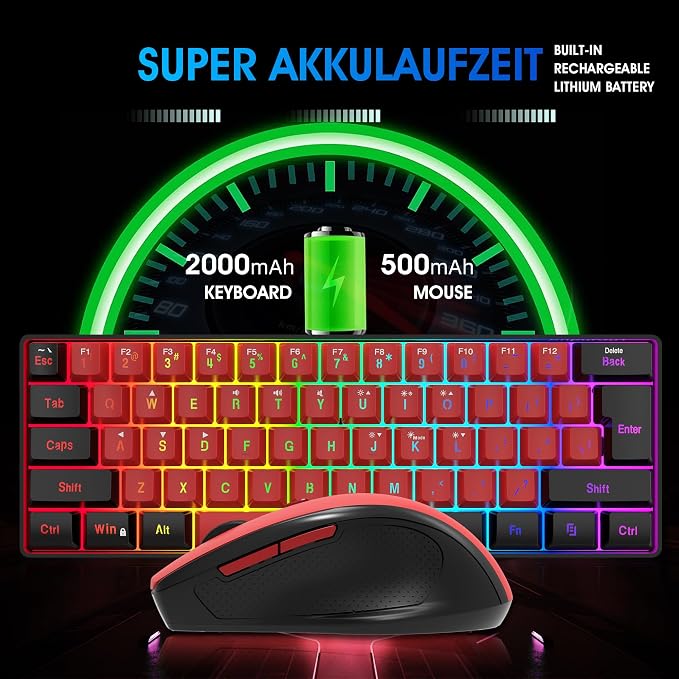 Snpurdiri 2.4G 60% Wireless Gaming Keyboard and Mouse Combo (Black and Red) | Small Wireless Gaming Keyboard and Ergonomic Vertical Feel Small Mouse - Image 3