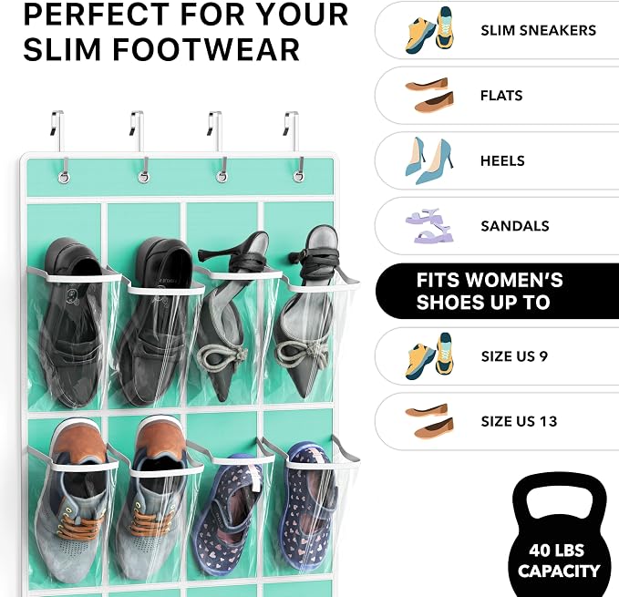 Simple Houseware 24 Pockets Clear Over the Door Shoe Organizer, Turquoise | 64" x 19", 4 Durable Metal Hooks, 4.3" x 9.5" Pocket Size, Multipurpose - Image 3