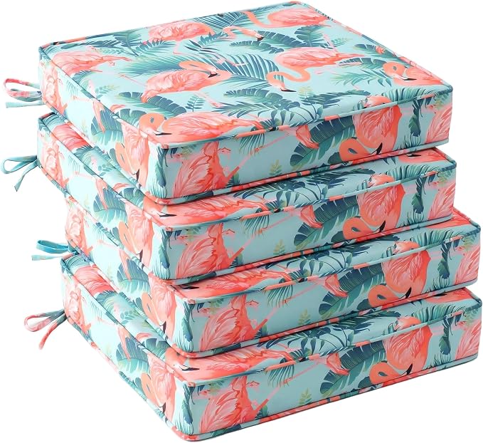 UNIKOME Outdoor Chair Cushions Set of 4, Water Resistant Patio Seat Cushions with Ties for Outdoor Furniture, High-Density Foam, UV & Fade Resistant, Piped Edge – 18.5" x 16" x 3", Flamingos by UNIKOME