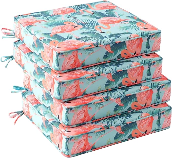 UNIKOME Outdoor Chair Cushions Set of 4, Water Resistant Patio Seat Cushions with Ties for Outdoor Furniture, High-Density Foam, UV & Fade Resistant, Piped Edge – 19" x 19" x 3", Flamingos by UNIKOME