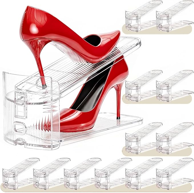 Neprock Shoe Stacker, Shoe Slot Organizer for Closet, Shoe Storage Rack | 12 Pack, Clear, 50% Space Saver, 3 Adjustable Height, Tool-Free Assembly, 30% Thicker, Superior Load Bearing by Neprock