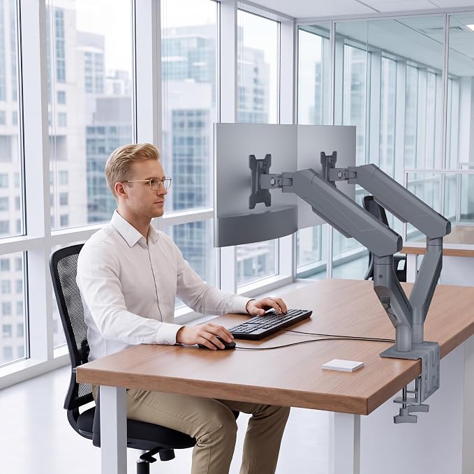 THEARK Dual Monitor Stand for Desk - Dual Monitor Mount for 17-32 Inch Screens,Height Adjustable Dual Monitor Arm Desk Mount with Clamp and Grommet Base,75x75/100x100mm VESA Mount,Max 19.8 lbs,Silver - Image 9