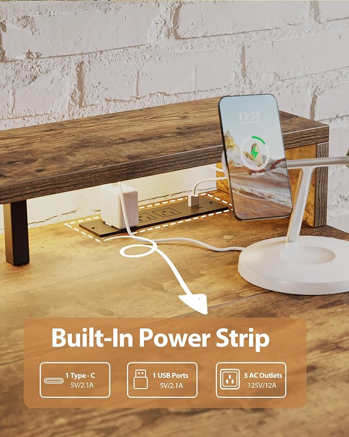 Agilestic 48*24 Inch Electric Standing Desk with Shelf & Led, Rustic Brown | Electric Height Adjustable, Outlets&Led, Monitor Stand, Sturdy Steel Frame, Memory Presets, Hooks, 154 lbs, Splice Board - Image 5