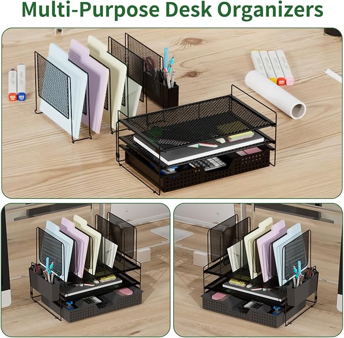 LEKETREE Desk Organizer, Office Organization with Vertical File Holder, File Organizer with Drawer and Pen Holder, Desk Accessories and Workspace Organizers for Home Office (Black) - Image 6