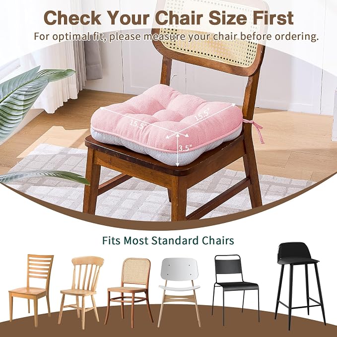 BETU Pink Chair Cushions for Dining Chairs Set of 4,3.5" Thick Kitchen Table Chair Pads with Ties,Non Slip Backing and Covers, Seat Cushion for Dining Room,Bar,Patio Chairs,15.5"X15.5"X3.5",Pink - Image 4