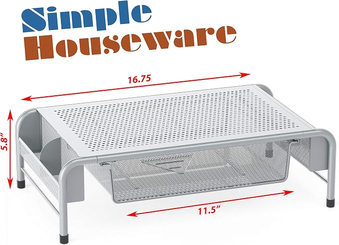 Simple Houseware Metal Desk Monitor Stand Riser w/ Organizer Drawer, Silver | Side Storage for Office Supplies - Image 2