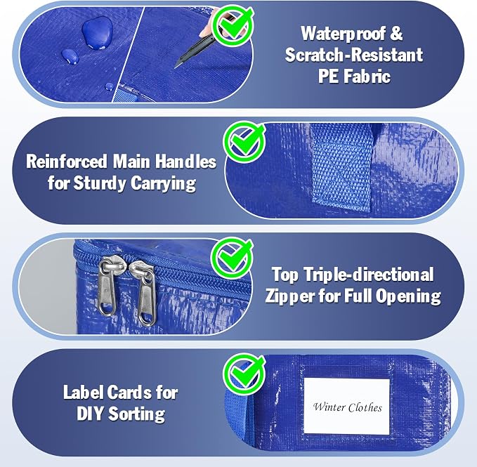 KYODOLED 8 Pack Blue Moving Bags, 24 Gal Large Storage Totes for College | Water-Resistant, Wide-Zipper Opening, Label Window, Heavy Duty Packing Bags for Clothes, Bedding and Dorm Moves, 27x13x15 - Image 3