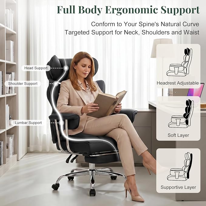 Big and Tall Office Chair 400 LBS, for Adults, Home Office | PU Leather, Executive Ergonomic Desk Chair with Footrest, Lumbar Support, Wide Seat ,Reclining, Black - Image 3