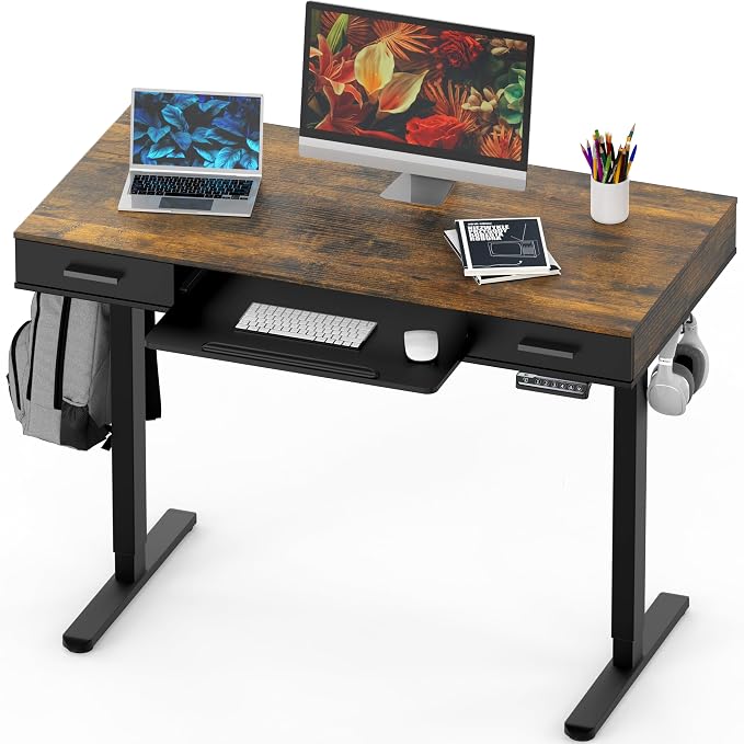 SHW 48-Inch Electric Height Adjustable Desk w/Keyboard Tray, Rustic Brown | w/ 2 Drawers | Memory Presets and Cable Management | Hanging Hooks by SHW