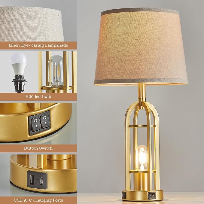 SRJJA Gold Table Lamps for Living Room Set of 2 - Modern Farmhouse Bedside Lamps for Bedroom Night Stands with Nightlight and USB A+C, Industrial Lamp for Living Room End Tables - Image 5