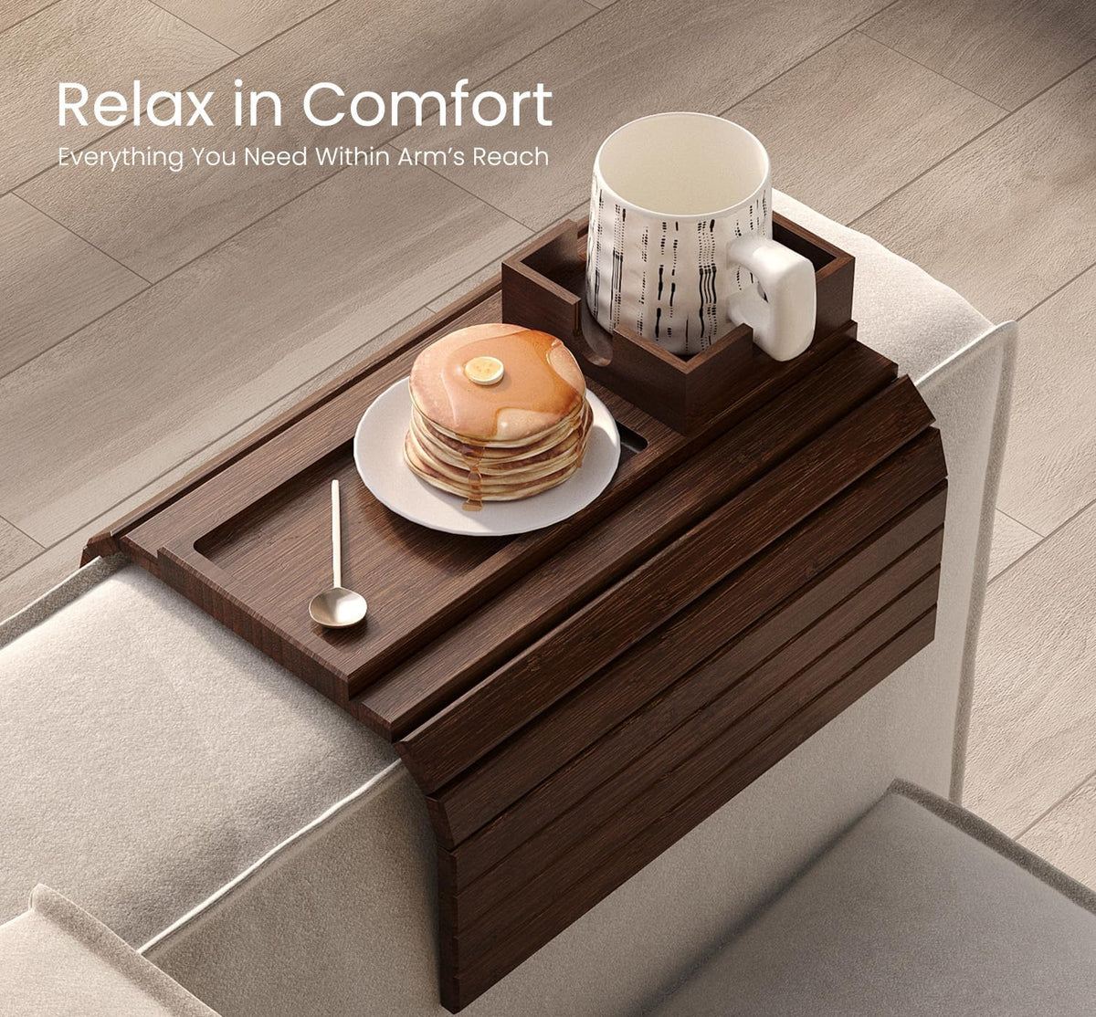 Fibogollo Bamboo Foldable Sofa Arm Tray with Square Cup Holder（Brown） - Image 5