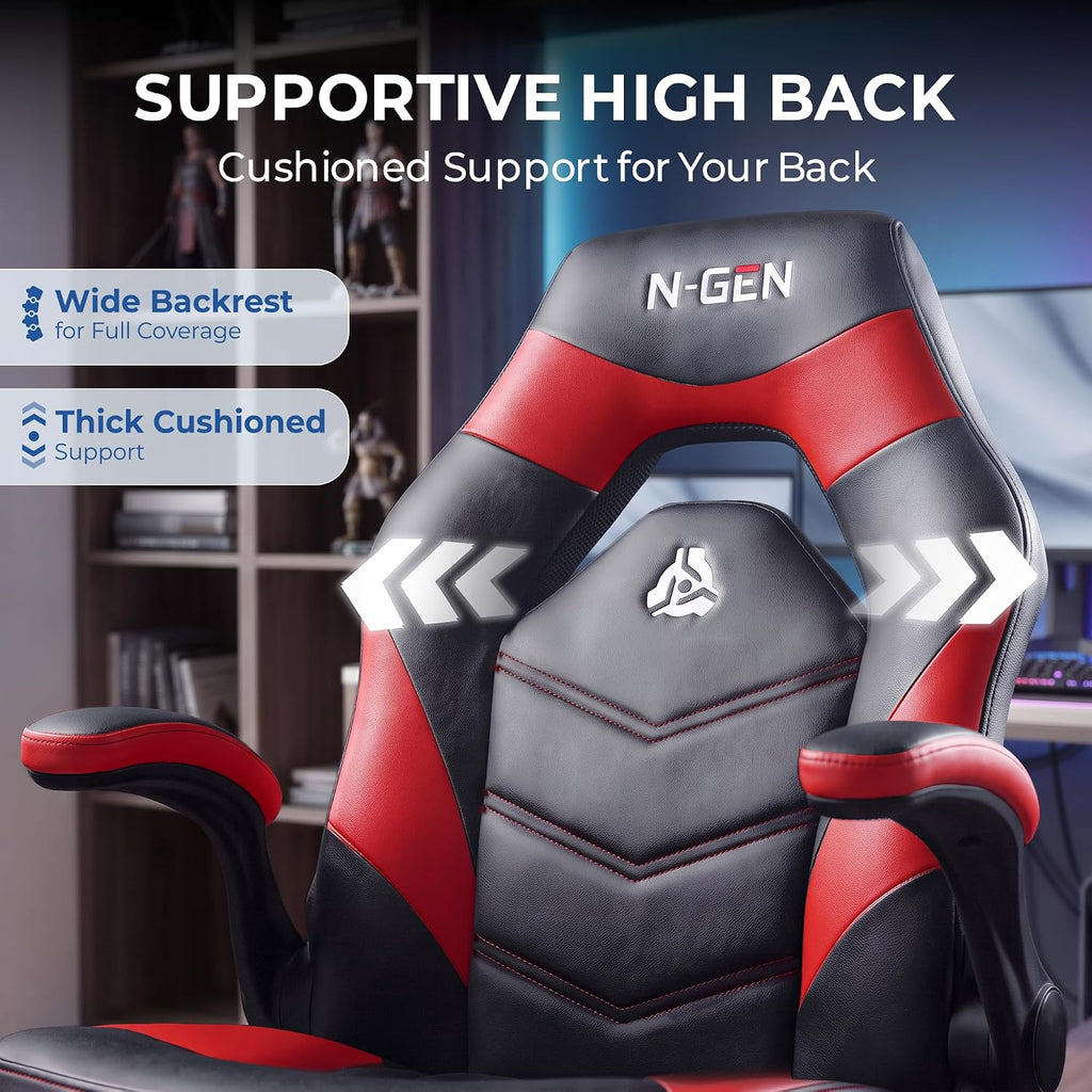 N-GEN Gaming Gaming Chair, Lumbar, PU Leather, Flip-Up Arms, Classic Red - Image 4