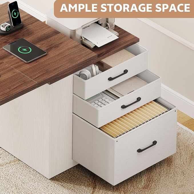 75.5 Inches Electric Standing Desk with Drawers Farmhouse Sit Stand Desk with Storage Adjustable Height Computer Desk with Power Outlets Printer Space for Home Office White and Walnut - Image 7