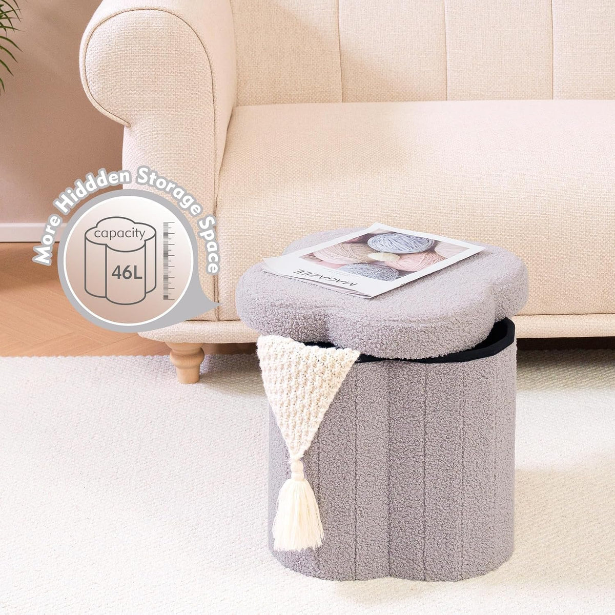 B FSOBEIIALEO Storage Ottoman Cube, 15" Flower Shaped Ottomans, Grey - Image 3