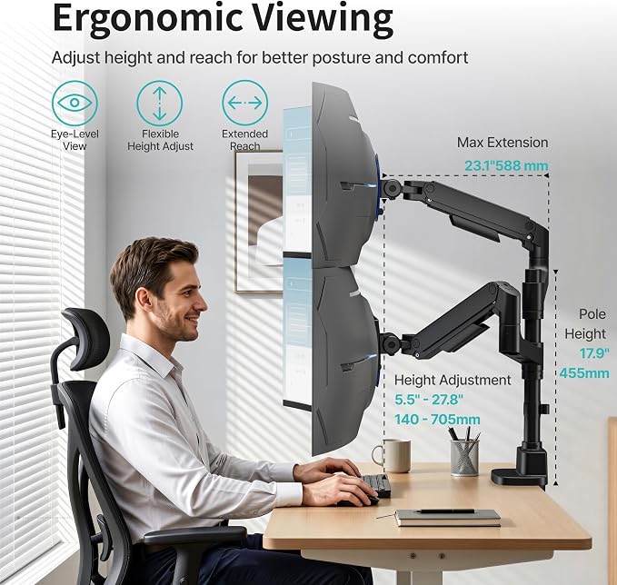 Dual Monitor Arm for 17”-49“Ultrawide Monitors with USB,Black | Heavy Duty Dual Monitor Mount Holds 44 lbs - Image 6