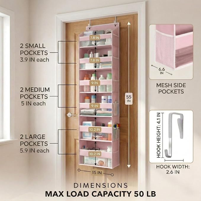 HOMELUX THEORY Over the Door Organizer, 6-Tier, 100D Fabric, Baby Pink 2pc | Over the door shoe organizer, 50 lbs capacity, 12 side mesh pockets, 100D extra thick fabric, Closet & entryway storage - Image 2