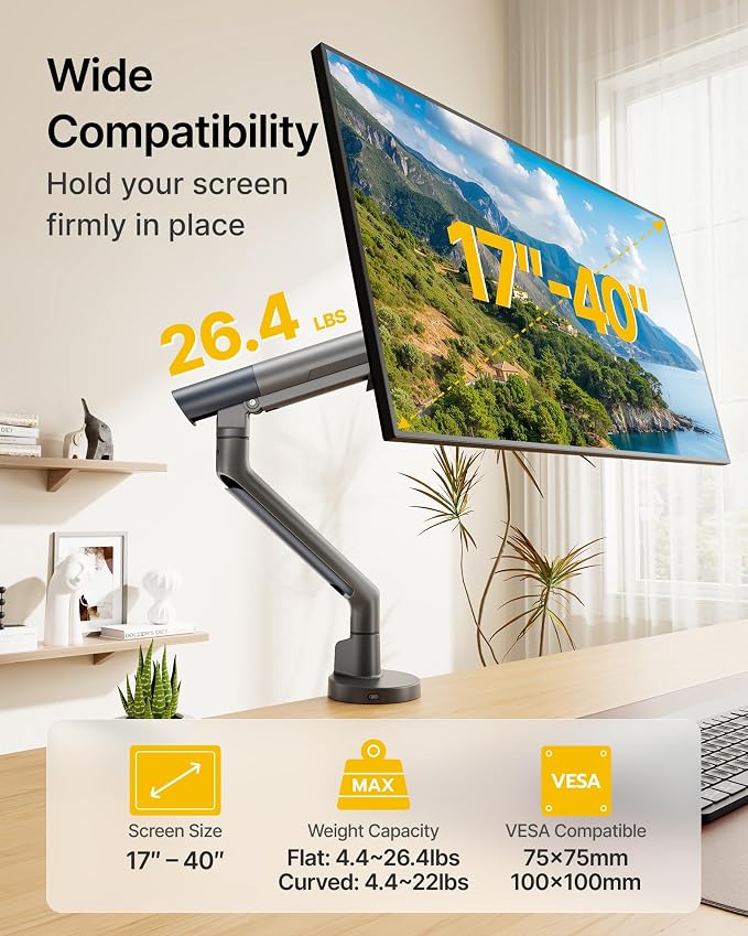 monTEK USB Monitor Arm for 17-40" Screens, 26.4 lbs, Gray | USB ports, mechanical spring, tension indicator, full motion, VESA 75/100, clamp/grommet bases and cable routing - Image 2