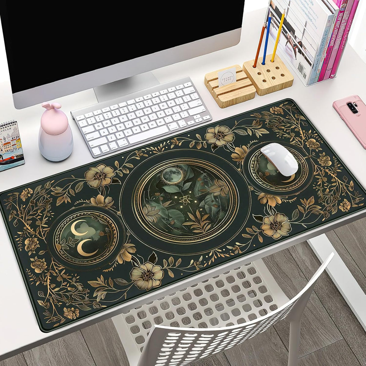Celestial Art Nouveau Botanical Desk Mat Gold Moon Large Mouse Pad Emerald Vintage Big Gaming Mousepad 31.5''X15.7'' Plant Aesthetic Desk Pad XXL Extended Keyboard Mouse Mat Office Decor - Image 4