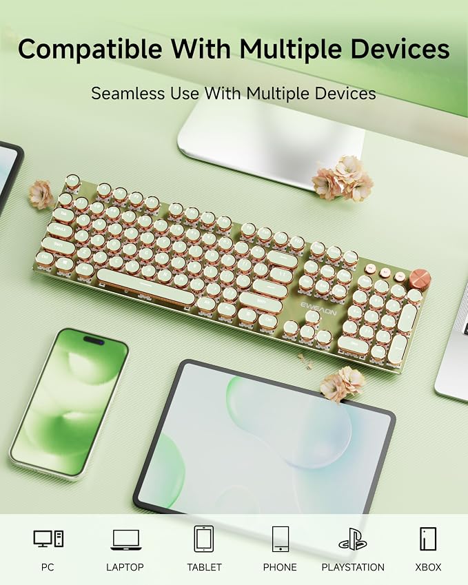 EWEADN V20 Typewriter Keyboard Wireless, 104 Keys Typewriter Style Mechanical with White Backlit, Media Knob, Pink Switch 2.4G/Bluetooth/USB-A Wired Retro Full Size Keyboard for Windows/Mac/PC-Green - Image 3