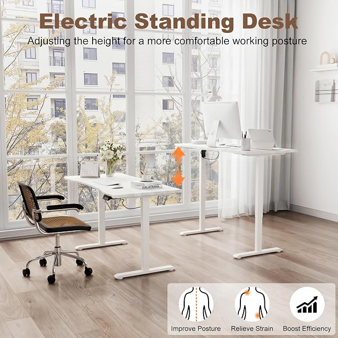 Solid Wood Electric Standing Desk, 55"x23.6" White Standing Desk | 1 BOX,Home Office Desk with 3 Stages Single Motor,Standing Desk White with T-Shaped Metal Bracket for Gaming - Image 7
