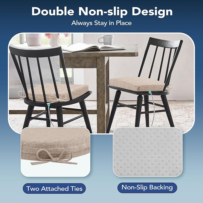 Chair Cushions for Dining Chairs, Non Slip Chair Pads with Ties and Washable Covers, Memory Foam Kitchen Chair Cushions Set of 6, 16"X16"X2.5", Oatmeal Beige - Image 5