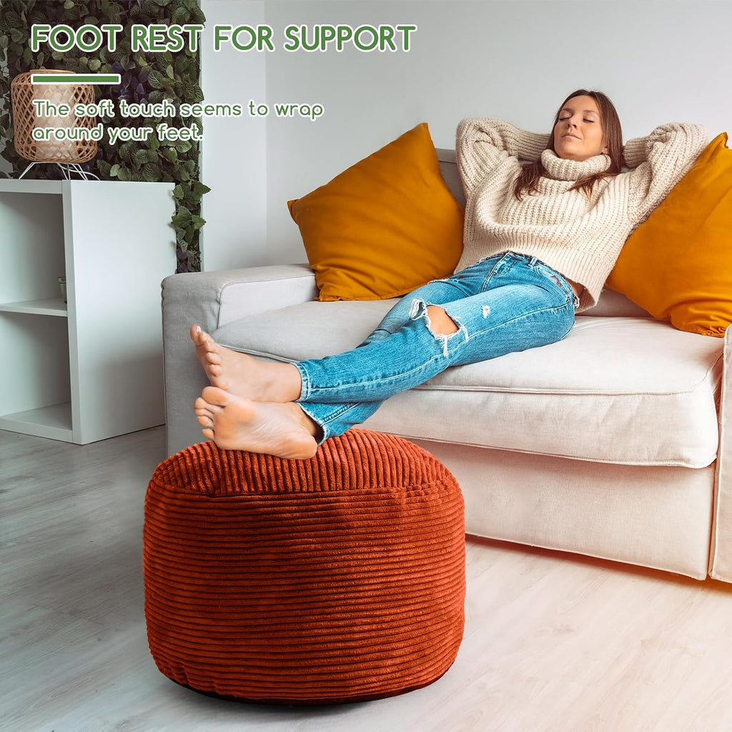 HIGOGOGO Round Stuffed Pouf Ottoman, Corduroy Poufs with Foam Chunk Filling, Furry and Fluffy Pouf Foot Stool Storage Ottoman, 20 X 15 Floor Poufs Foot Rest for Living Room, Terra Cotta - Image 4