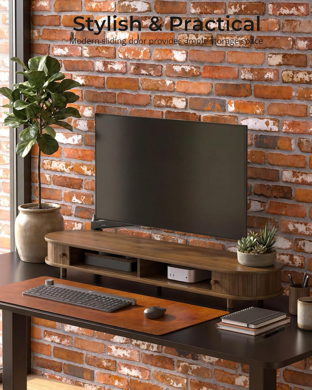 Bamboo Dual Computer Monitor Stand Riser,Curved Wood Desk Shelf - Image 3