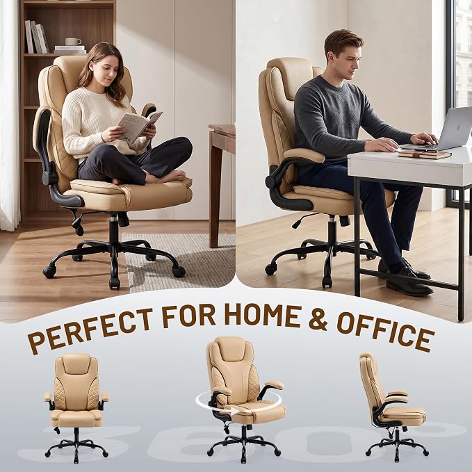 Ergonomic Office Chair, PU Leather High Back Executive Chair with Adjustable Inflatable Lumbar Support and Padded Flip-Up Arms, Recline Swivel Task Computer Chair for Home Office, Khaki - Image 11