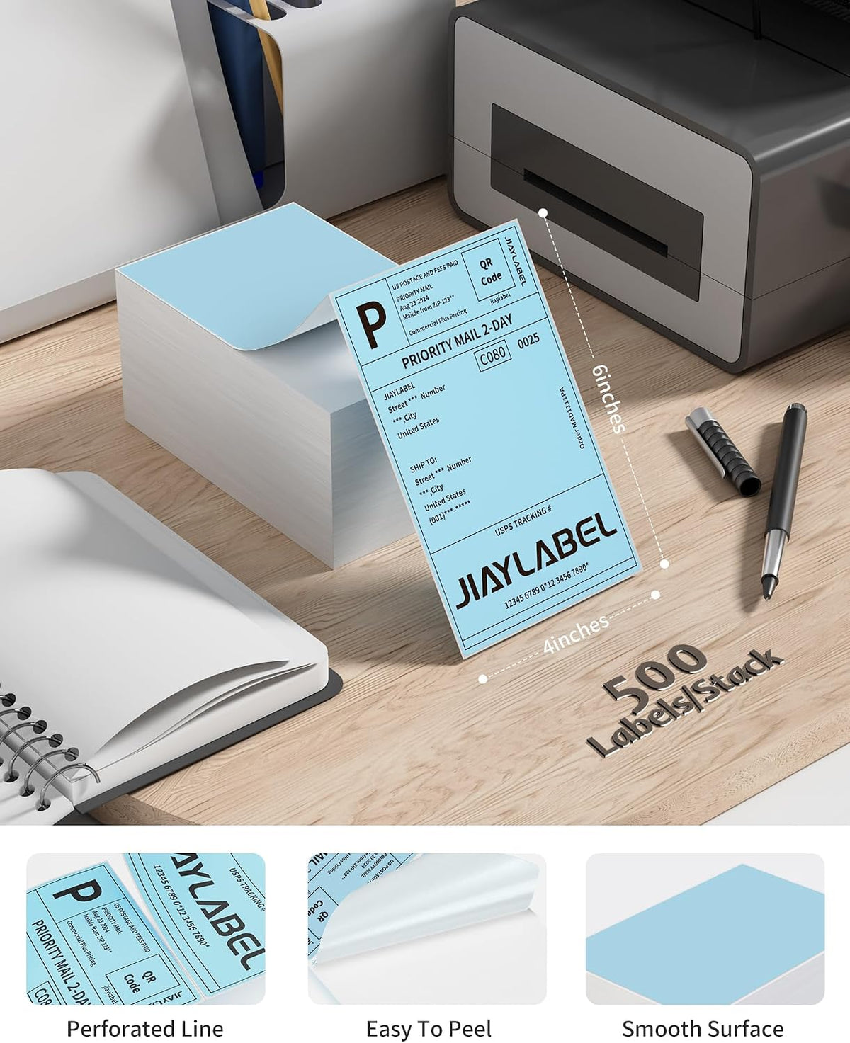 4x6 Thermal Shipping Label Mailing Postage Stickers Paper for Direct Thermal Label Printer USPS UPS Address Big Packing Fanfold Blue Color 500 Labels/Stack,1 Stack - Image 2
