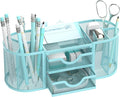 Mesh Desk Organizer, Pen Holder for Desk with 2 Drawers, Blue | Desk Organizers and Accessories with 8 Compartments and 2 Drawers, Pencil Holder for Desk for Small Office Supplies by SUPEASY