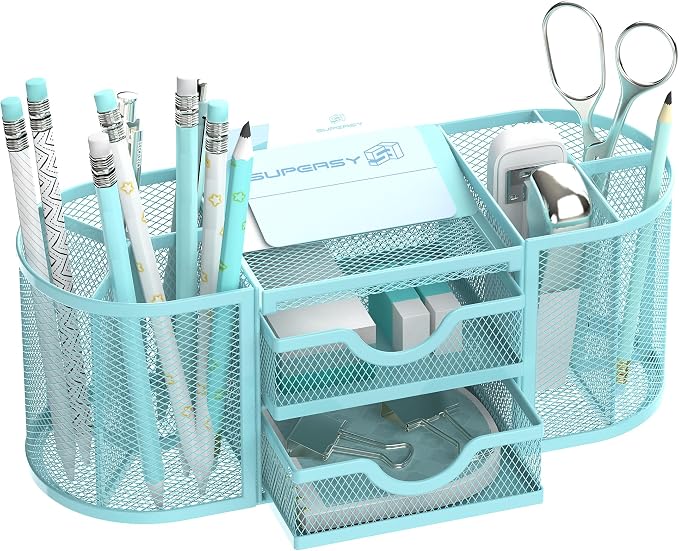 Mesh Desk Organizer, Pen Holder for Desk with 2 Drawers, Blue | Desk Organizers and Accessories with 8 Compartments and 2 Drawers, Pencil Holder for Desk for Small Office Supplies by SUPEASY