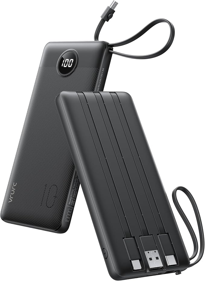 VRURC Portable Charger Power Bank, Built-in 4 Cables & 2 Ports 10000mAh | LED Display Slim Battery Pack,Compact Travel Essential Portable Phone Charger 5 Output for Multi Devices,Student/Teens(1Pack) by Home