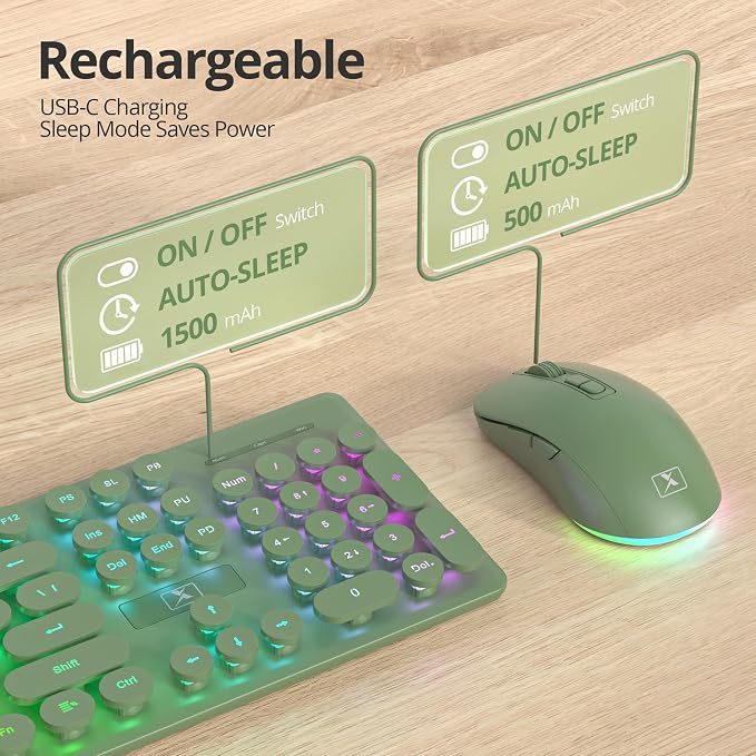 Backlit Wireless Keyboard and Mouse, 2.4GHz Light Up Typewriter Rechargeable Cordless Quiet Keyboard with USB Receiver for PC/Laptop(Dark Green) - Image 4