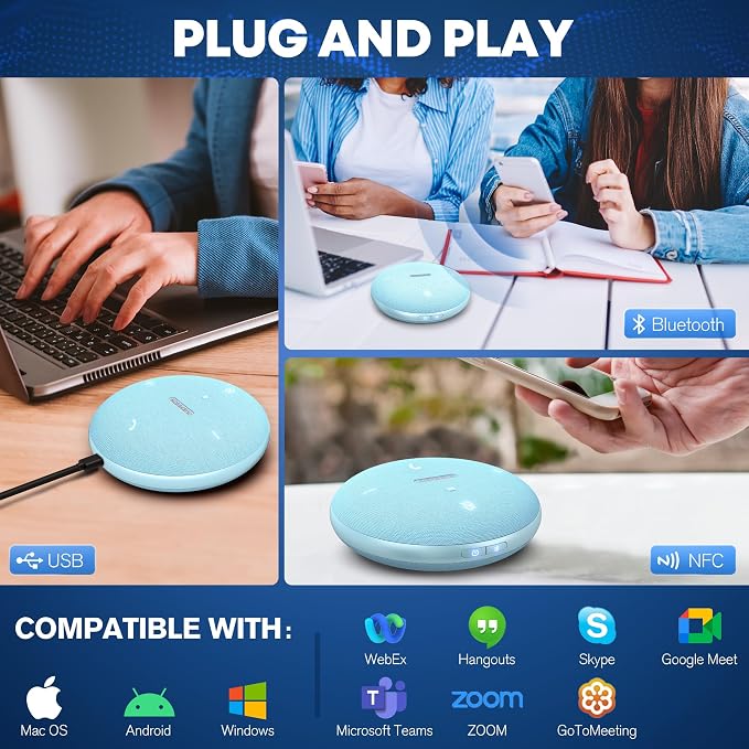 Conference Speakerphone for Zoom Calls, Webinars and Online Classes, Blue | AI noise reduction, 360° voice pickup, 4-mic array, full-duplex, Bluetooth, NFC, USB, up to 8 hours, portable, app-free audio - Image 8