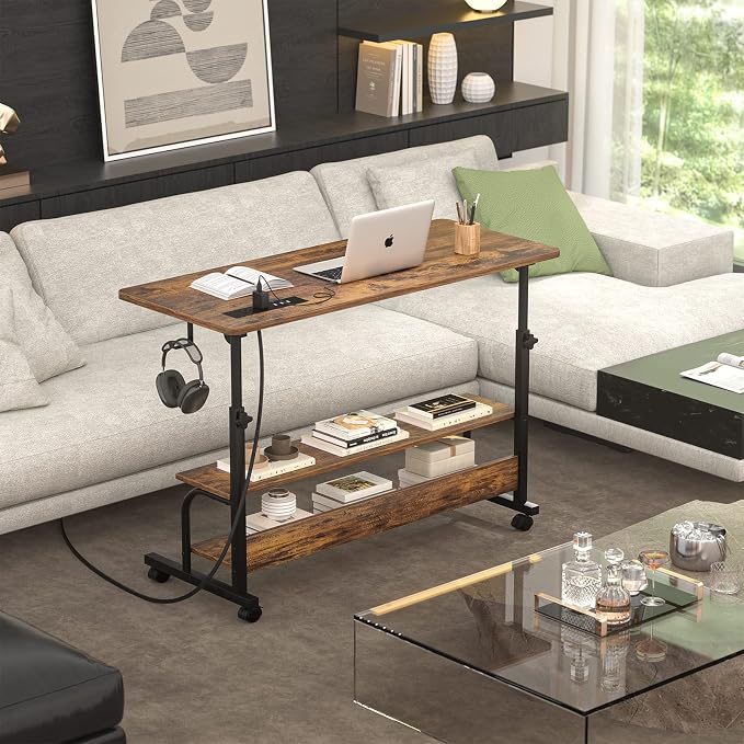 39" Rolling Standing Desk with Charging Station for Couch Bed | Height Adjust 27.5-41", 2 AC/3 USB, Mobile 4 Lockable Wheels, 2-tier Shelves Hook, Safe Corner Fast Assembly - Image 8