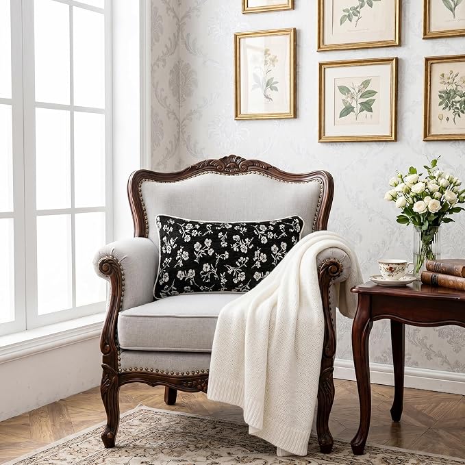 12x20 Chenille Jacquard Lumbar Pillow Cover, Black Vintage Floral Cushion Case with Piped Edges, Decorative Back Support for Sofa, Bed & Chair, 2 Pack - Image 6
