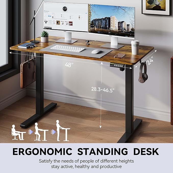 48 x 24 Inch Height Adjustable Standing Desk, 3 Presets, Brown | 48 x 24 in Desktop, 28.3–46.5 in Height, 2+3 Controls, ≤45 dB, 154 lb Capacity, 2 Hooks - Image 3