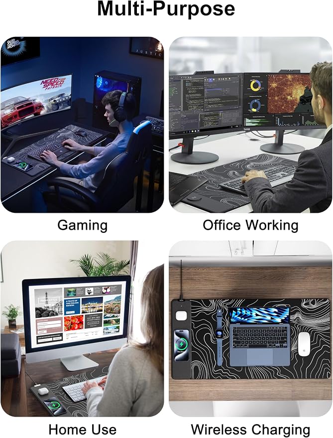 TopMade Mouse Pad with 15W Fast Wireless Charging, 31.5"x15.75" XXL Large Gaming Waterproof Desk Pad, Computer Desk Mat, Black Topographic Map #2 (Includes 20W PD Power Adapter & 6.56ft Woven Cable) - Image 7