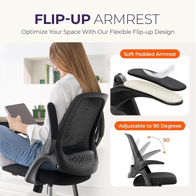NEO CHAIR Office Desk Chair, Ergonomic Mesh with Flip-Up Arms, All Black | Lumbar Support, Height Adjustment, 360° Swivel and Rolling Base, Space-Saving Design for Home Office, Vanity or Study - Image 6