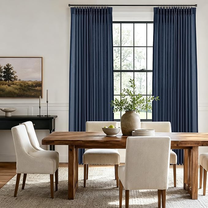 Hokibero Navy Blue Pleated Linen Curtains 90 Inch Long for Living Room | Light Filtering Sheer Curtain,Pinch Pleat Back Tab Hooks Rings,Farmhouse Textured Privacy Drapes for Bedroom Window,2 Panels - Image 3