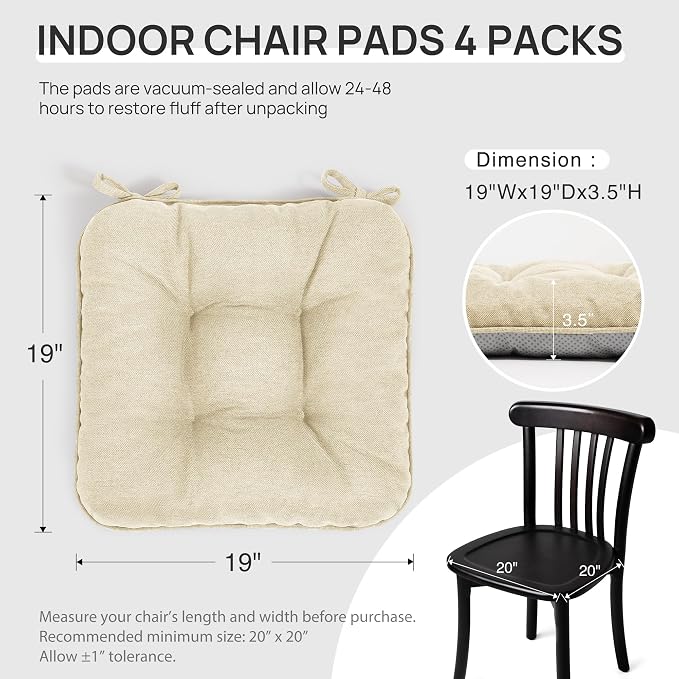 Love's cabin Memory Foam Chair Cushions Set of 4, 19 Inch, Beige | 19"x19"x3.5", Indoor & Outdoor Chair Seat Pads with Non-slip Bottom and Ties, for Dining, Kitchen, Office and Patio Chair - Image 2