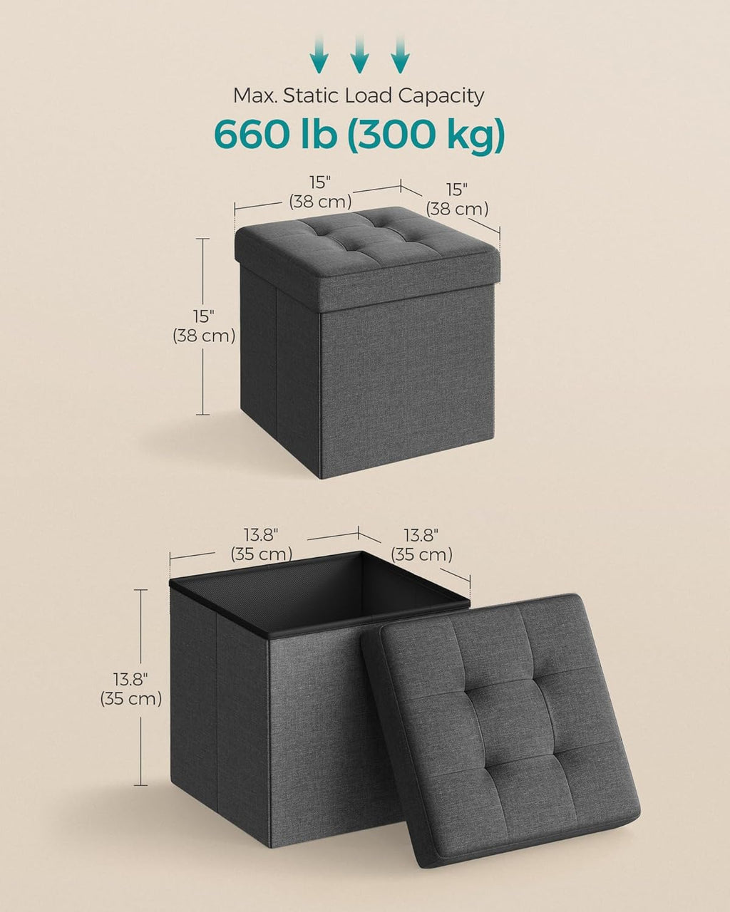 SONGMICS Folding Storage Ottoman, 15 x 15 x 15 in - Image 3