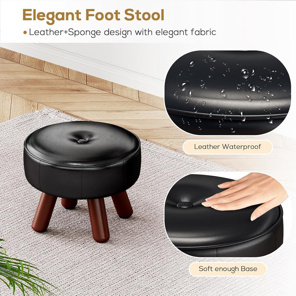 13in Small Round Foot Stool, Faux Leather Footrest, Black Footstool Ottoman - Image 7
