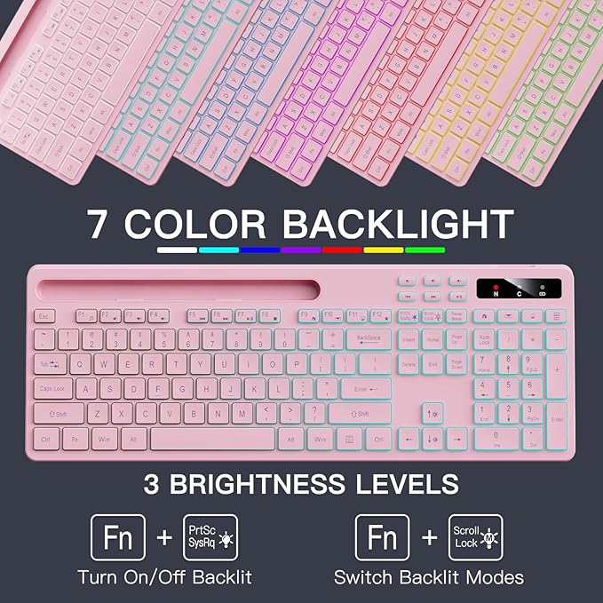 Soueto Wireless Keyboard with 7-Color RGB Backlit, Full-Size Computer Keyboard with Phone Tablet Holder, 2.4G Rechargeable Gaming Keyboard with Light Up Keys, Compatible with Mac, Windows (Pink) - Image 2