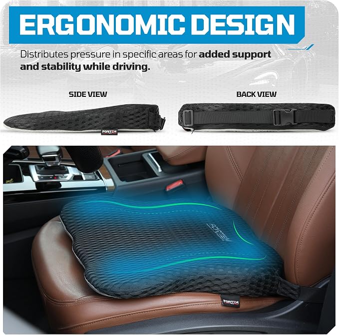FORTEM Car Seat Cushion - Memory Foam Pillow for Driving | Ergonomic | Better Visibility | Promotes Tailbone & Sciatica Pain Relief | Adjustable Straps | Non Slip | Washable Cover - Image 4
